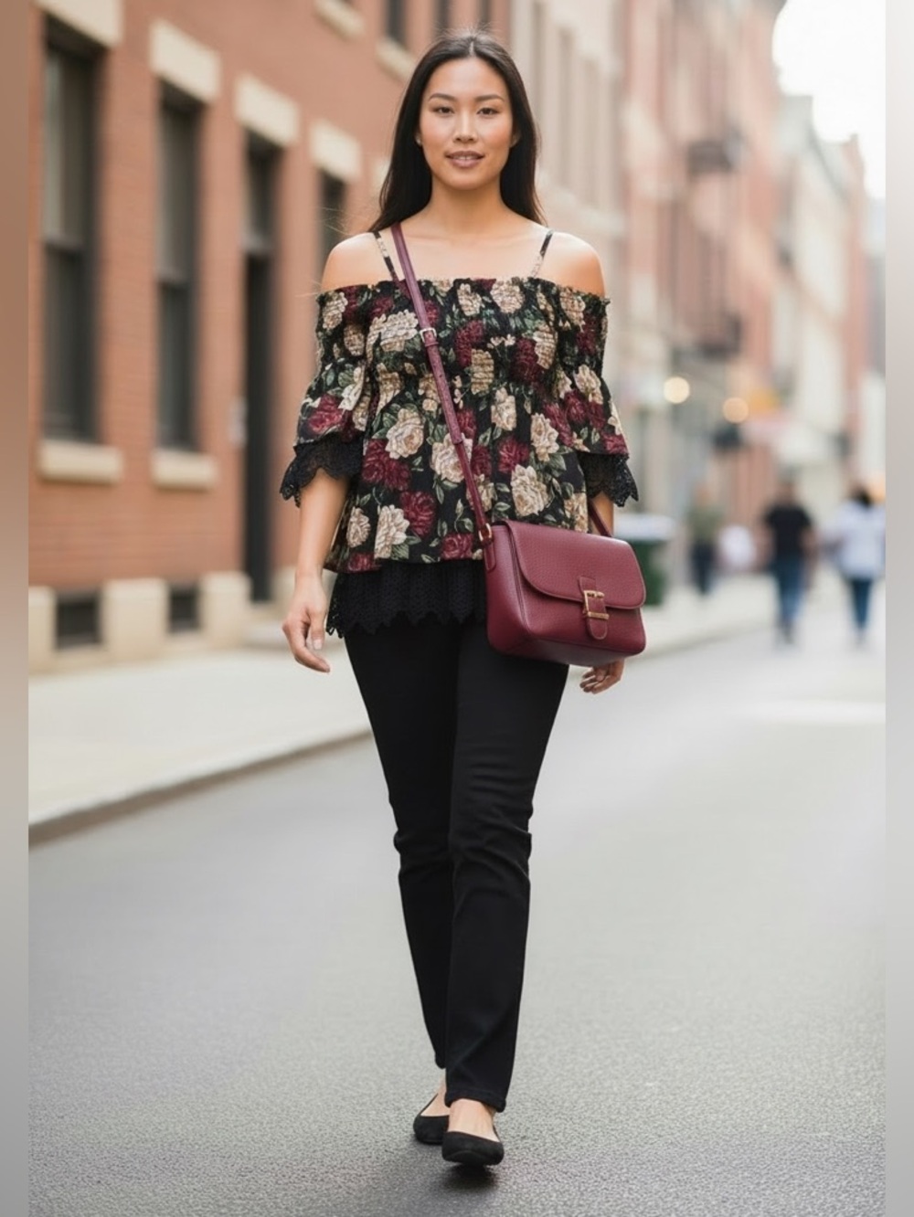 Iz Byer Floral Off-Shoulder Top with Lace Trim